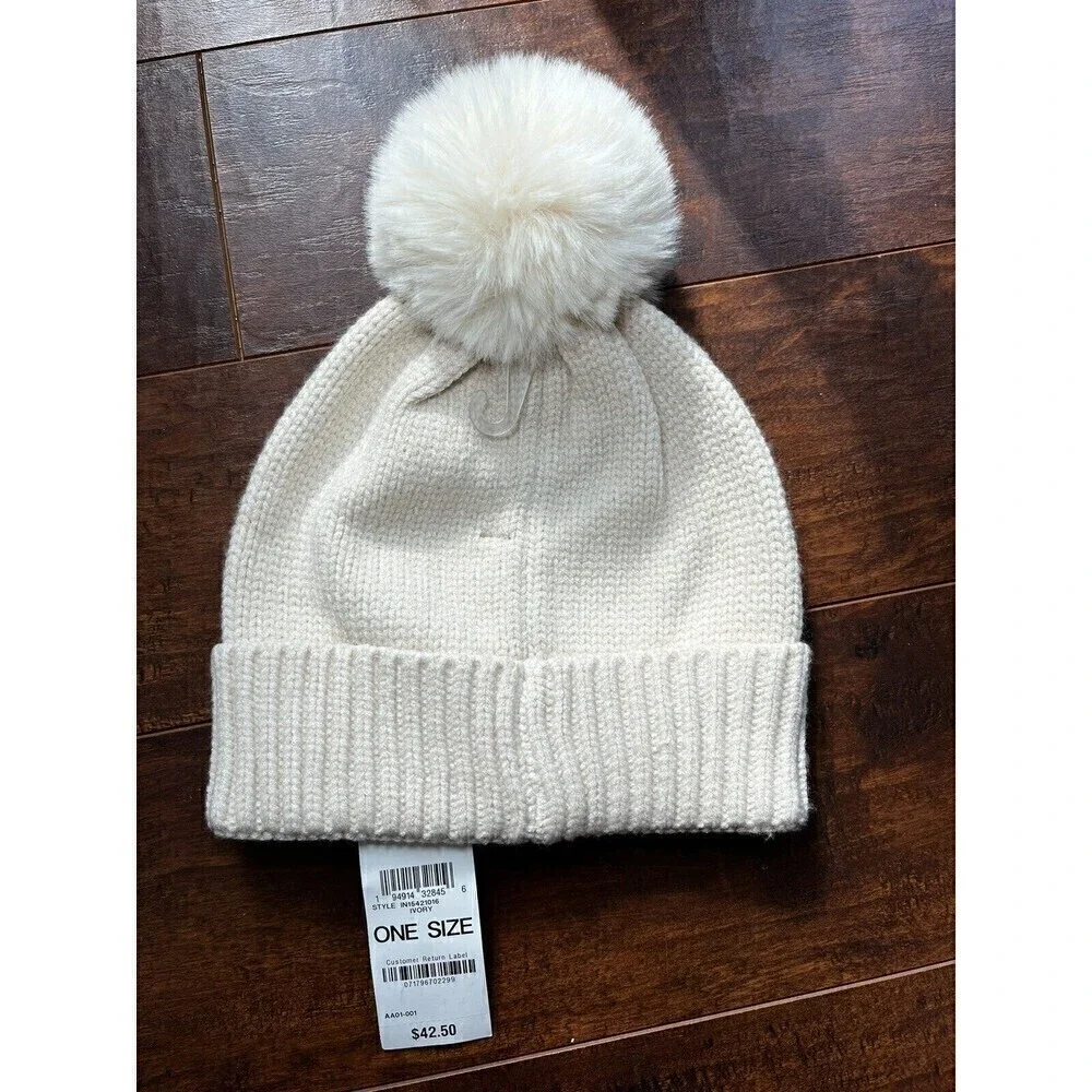 INC Black Embellished Pom Pom Beanie Cap Hat Ivory NWT